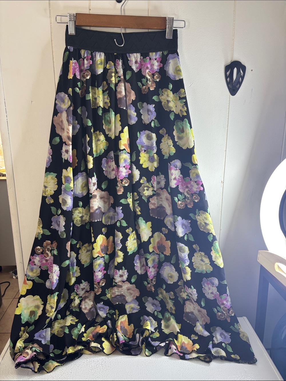 411 - LuLaRoe Black Floral Print Skirt with Pink, Green, Yellow Accents